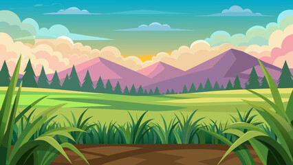 Obraz premium Vector art of serene cartoon landscape with purple mountains, green fields, and pine trees under a pastel sunset sky with fluffy clouds and a hint of sun