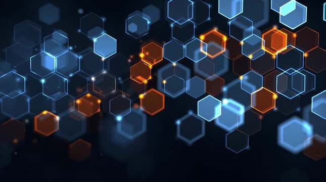 Abstract background featuring blue and orange glowing hexagons in a network configuration design