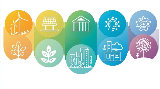 Sustainable Development Goals Illustration: Renewable Energy, Agriculture, Infrastructure and Innovation Icons on Gradient Background - Powered by Adobe