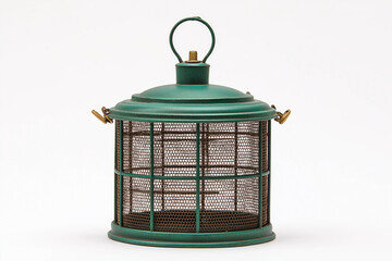 hanging metal mesh bird feeder in green, isolated on white background, perfect for clinging birds like woodpeckers and chickadees, squirrel-resistant construction