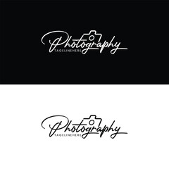 Minimal Photography Logo Design with Camera Icon Black and White Elegant Script Font