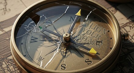 Vintage Compass with Broken Glass and Goal Alignment Message