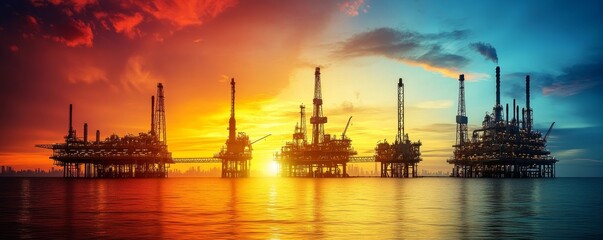 The evolution from a simple oil rig to a large oil and gas plant, symbolizing the growth and scale of the energy industry over time, Generative AI