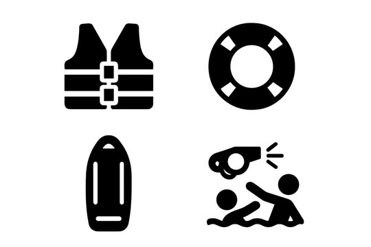 Water safety and rescue icon set. Solid filled vector pictograms for lifeguard equipment: life jacket, life buoy ring, rescue board, emergency whistle alert, drowning prevention, swimming pool patrol - Powered by Adobe
