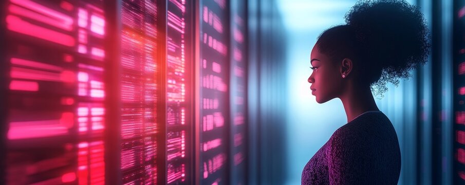 Artificial intelligence cybersecurity threat illustration concept, with a Black African American female IT specialist analysing privacy data leaks in a server room. The image showcases, Generative AI