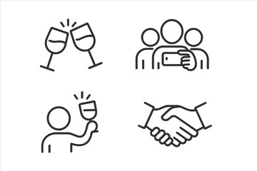 Social gathering line icons set: clinking wine glasses, group selfie, solo toast, handshake, celebration, friendship, networking, partnership, party event outline symbol collection