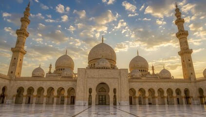 Islamic mosque with domes at sunset