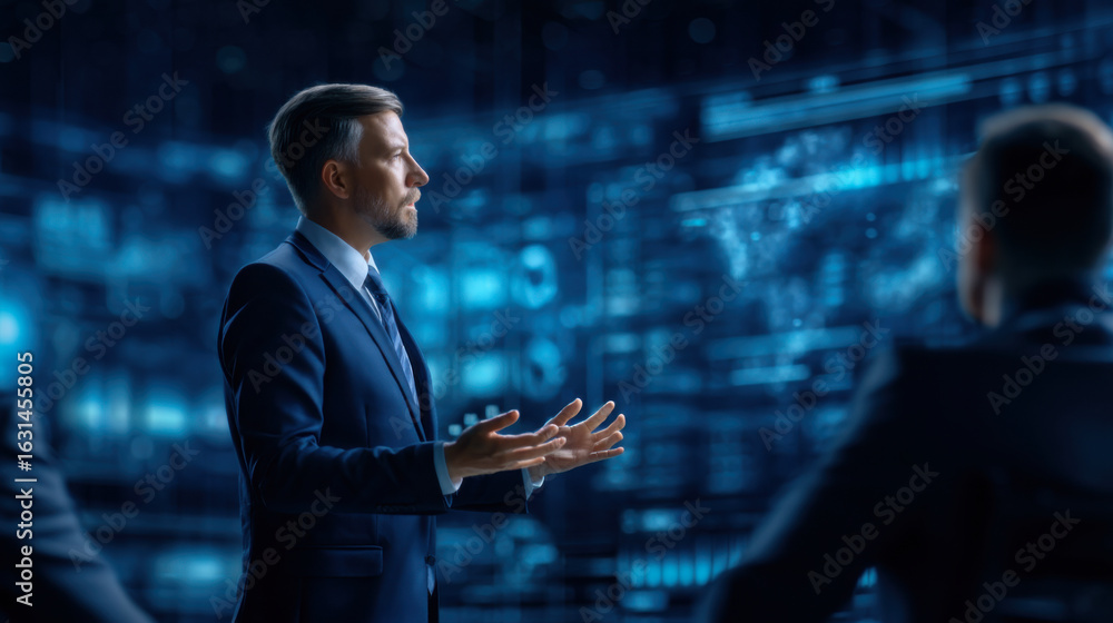 Poster a professional giving a presentation in front of a digital backdrop, engaged in discussion with an a