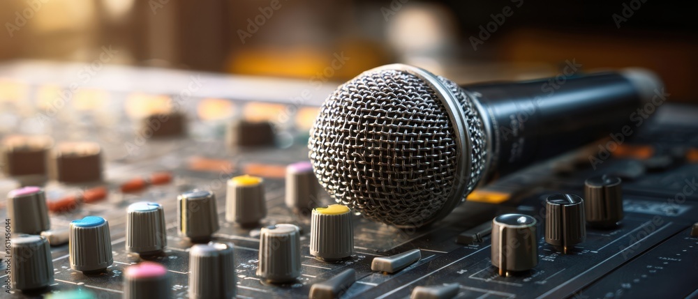Poster the microphone resting on an audio mixing console in a vibrant recording studio.
