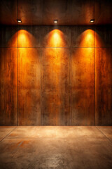 A dark Black concrete interior background. The scene is empty and minimalistic, with textured concrete walls and floor in deep, warm orange tones