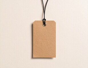 brown hang tag with a centered metal-reinforced hole at the top, hanging by a thin black string