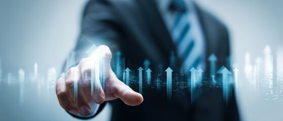 The business professional pointing at upward growth in a digital landscape.