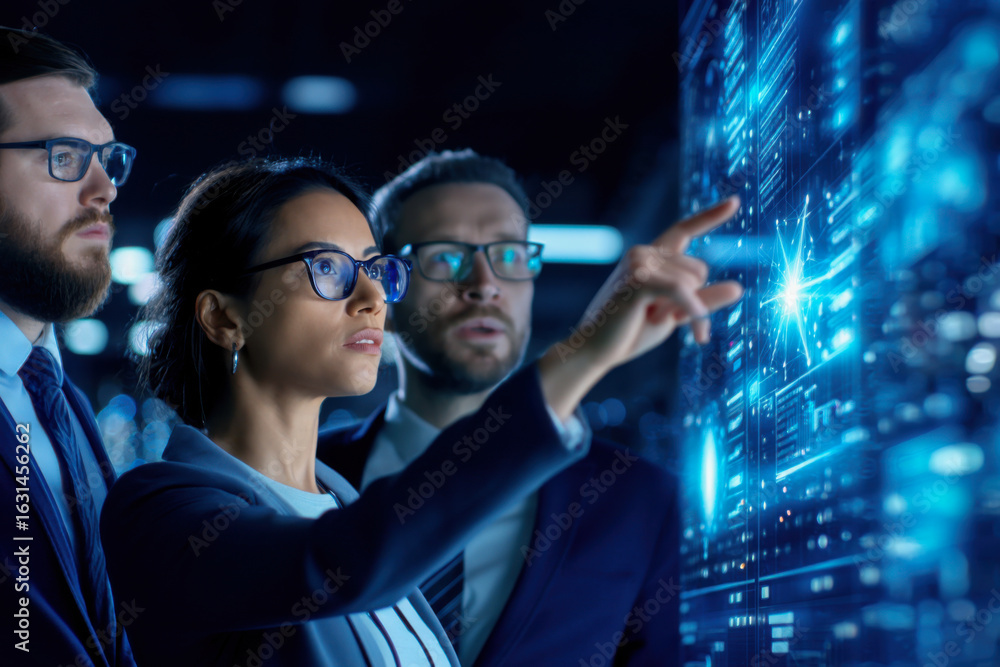 Poster a group of professionals analyzes digital data on a screen, showcasing teamwork and technology in a 