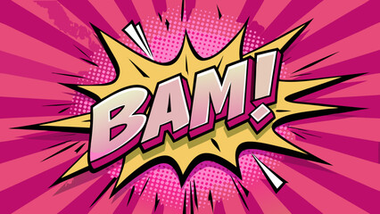Vector art of bold comic book style sound effect word bam in an explosion burst shape with vibrant pink background