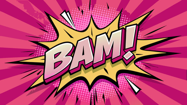 Vector art of bold comic book style sound effect word bam in an explosion burst shape with vibrant pink background