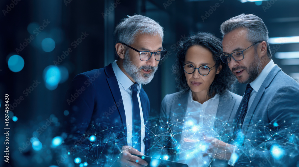 Aufkleber three professionals collaborate, analyzing data on a digital device, surrounded by a futuristic netw