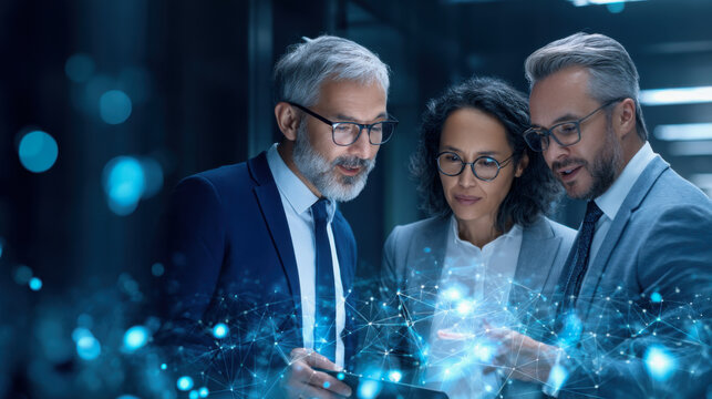 Three professionals collaborate, analyzing data on a digital device, surrounded by a futuristic network interface, reflecting innovation and teamwork.
