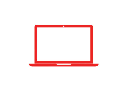 Minimalist red laptop, flat vector silhouette, tech and digital work symbol, Illustrator vector.