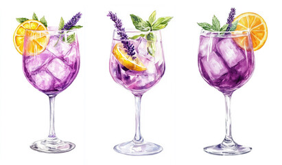 Watercolor illustration set of Lavender Spritz cocktails with orange slice, mint and lavender garnish. Elegant botanical purple drinks for summer recipes, kitchen wall art, and bar decor.

