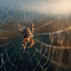Close-up of orb weaver spider perfectly positioned in center of dewdrop-covered web, intricate web pattern and morning light, trapped insect visible, perfect for strategy and patience concept