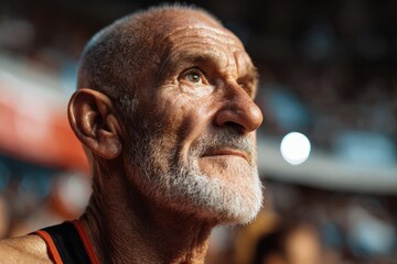 Close-up of senior athlete's determined face during competitive event, athletic aging, competitive spirit, sports arena, perfect for healthy aging competition concept