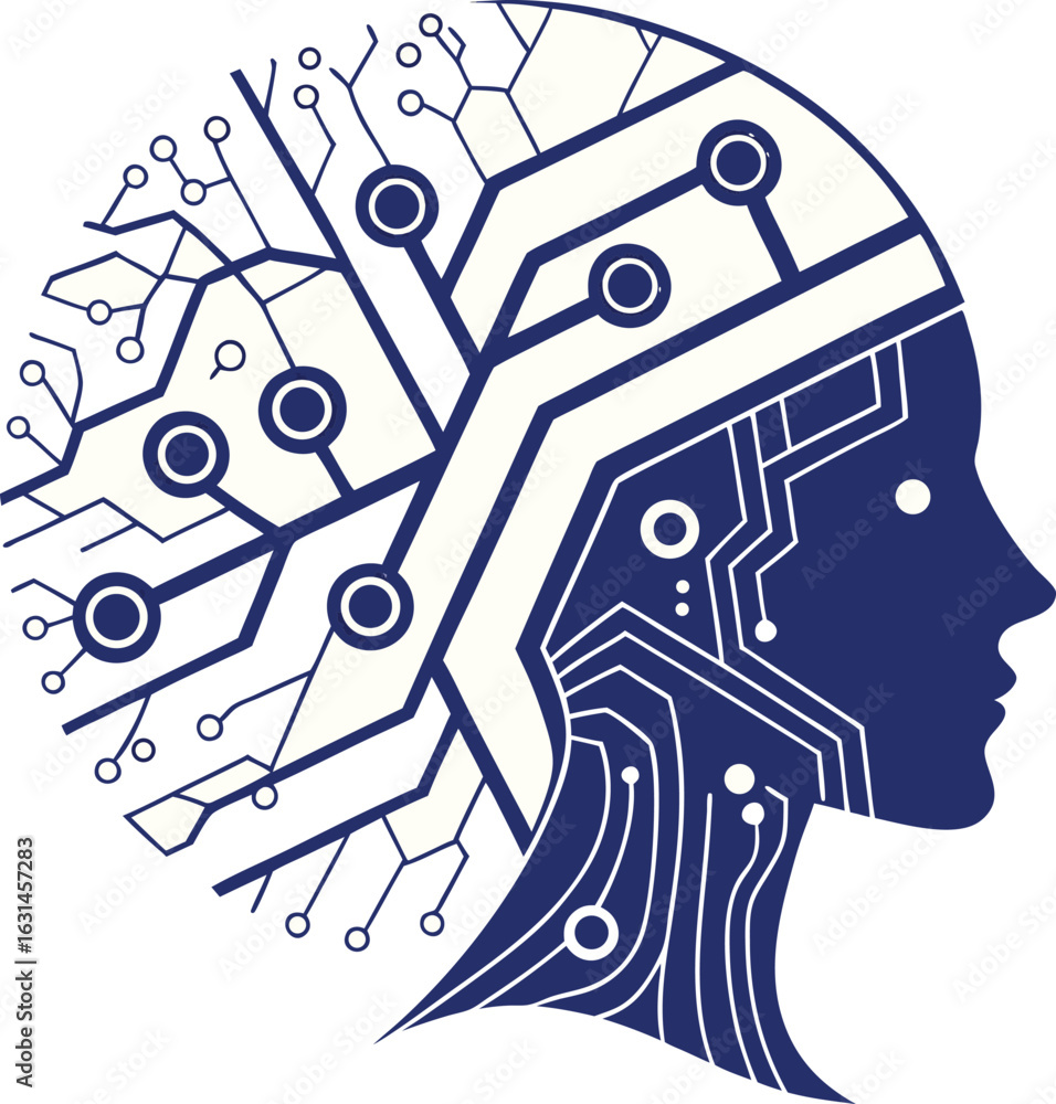 Poster digital mindscape: an artistic representation of a human profile interwoven with intricate circuit b