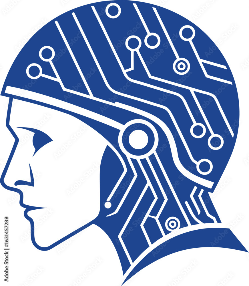 Poster digital mind: a stylized profile view of a human head overlaid with a circuit board pattern, symboli