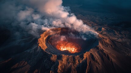 Aerial view of active volcano crater with glowing lava and steam plumes, medium shot showing geological forces, perfect for earth sciences and natural disaster monitoring concept