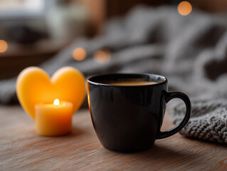 Cozy winter evening with a warm cup of coffee and a glowing heart-shaped candle on a wooden table