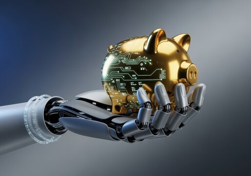 A robotic hand holding a golden piggy bank with digital circuitry, symbolizing artificial intelligence in finance, fintech, and automated savings or investments.

