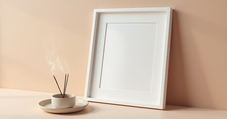 Featuring a floating A4 art print in a white aluminum frame with generous matting, leaning against a pale almond wall.