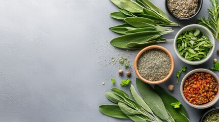 Sage leaves fanned out near bowls of dried herbs, sage crumbling slightly with dust suspended mid-air, calming yet impactful