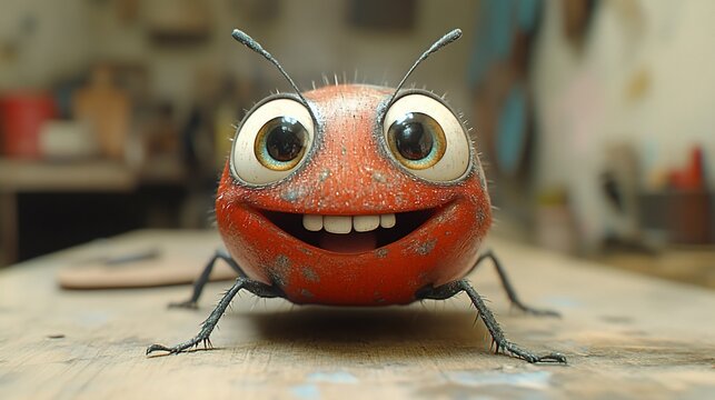 A charming 3D render of a cheerful, cartoonish ladybug with large eyes and a wide smile, sitting on a wooden surface in a workshop setting
