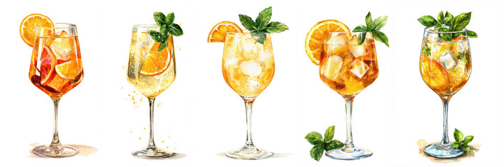Watercolor illustration set of Lillet Spritz cocktails with orange slice, mint and basil garnish. Elegant citrus summer drinks for kitchen decor, cocktail menus, and printable wall art.