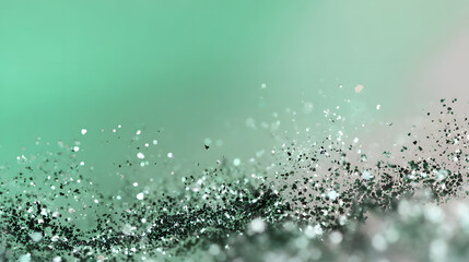 Soft glitch visuals in pastel mint and emerald tones with silver glitter and light bokeh