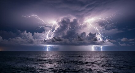 Intense lightning storm illuminates dark, ominous clouds over a vast, rippling ocean