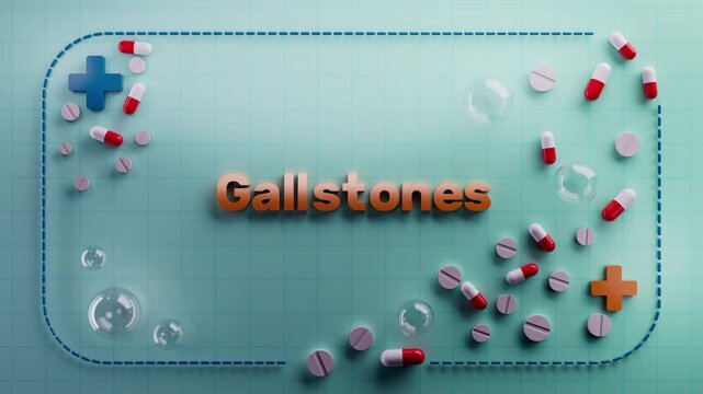 The word &ldquo;Gallstones&rdquo; appears over a glowing animation of internal organs with particle motion, representing obstruction and bile system issues.	