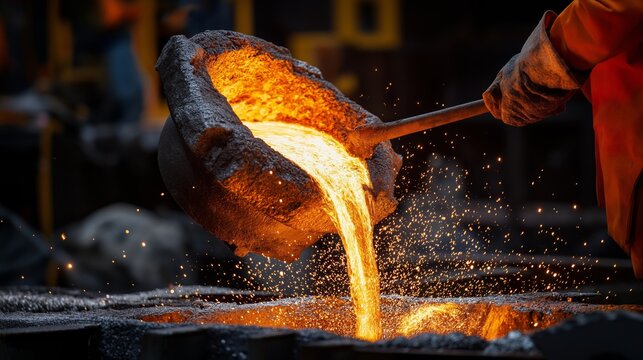 Molten Metal Pouring: Industrial Foundry Worker Handling Hot Metal, Casting Process with Sparks and Intense Heat in a Dark Factory Setting