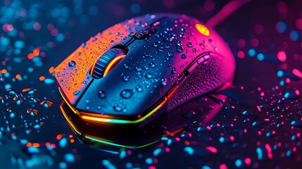 Immerse yourself in vibrant neon gaming with this stunning, water-splashed computer mouse