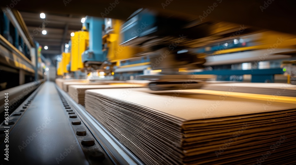 Poster automated cardboard manufacturing: close-up of industrial machine stacking and moving sheets on conv