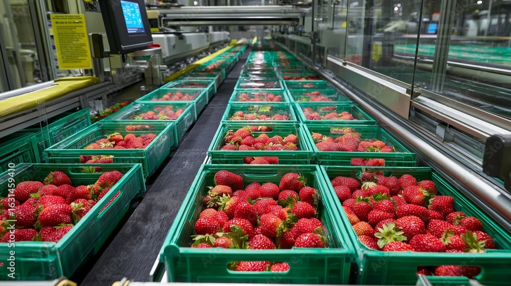 Poster fresh strawberries in green crates on conveyor belt in food processing plant, automated sorting and 