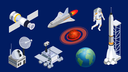 spaceship isometric space shuttle cosmic rocket orbital satellite mars rover planets space station isometric illustration spaceship spacecrafts cosmic technology set © SachiDesigns