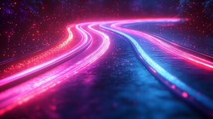 Glowing neon pink and blue light trails curve on a dark road, creating a dynamic and futuristic abstract landscape