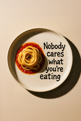 Funny food art with spaghetti and sarcastic quote on ceramic plate. Bold typography and pasta humor perfect for kitchen posters, diet culture commentary, and trendy wall prints.