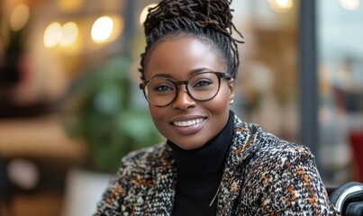 Inclusive image showing a happy smiling Black African American disabled office LGBT colleague in a wheelchair, representing diversity and inclusivity in the workplace, Generative AI