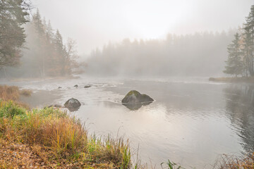 Sunrise morning in a salmon Swedish river landscape in autumn.