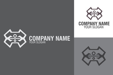 Abstract logo design featuring a geometric, symmetrical shape with arrows pointing inwards, accompanied by placeholder company name and slogan text.