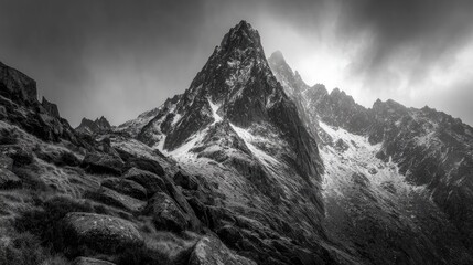 Obraz premium Dramatic monochrome mountain peak, snow-capped, shrouded in mist