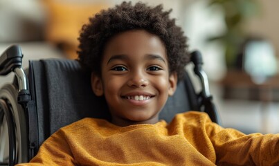 Candid inclusive close-up of a happy Black disabled African American child in a wheelchair smiling, symbolizing happiness and empowerment in a supportive environment, Generative AI