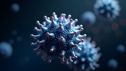 Stunning 3D rendering of a microscopic virus particle with detailed spikes against a dark background.